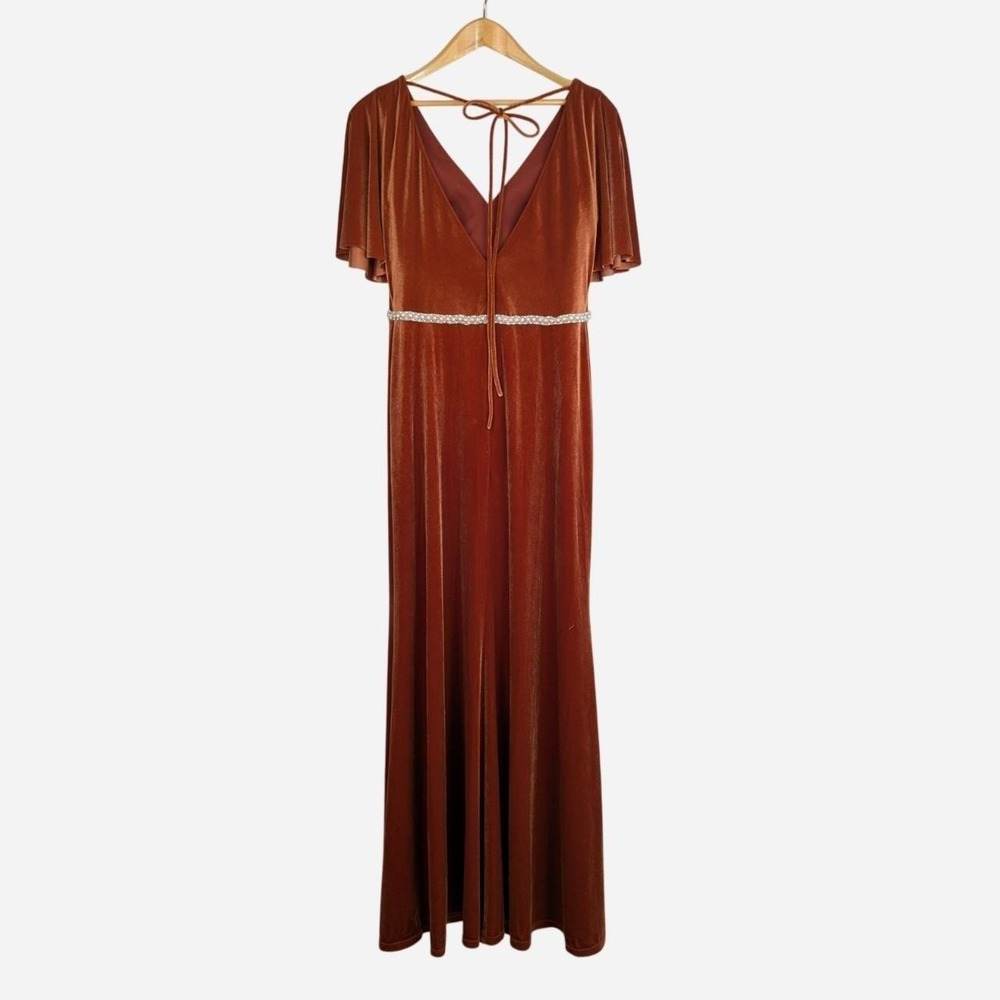 Sorella Vita Velvet Flutter Sleeve Beaded Waist Formal Maxi Gown - Picture 2 of 8